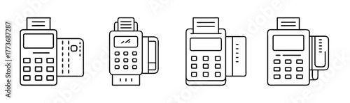 Drawn line icons of point of sale terminals and credit card transactions