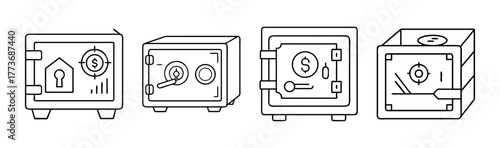 Four safe line icons set: cash money protection and secure finance banking concept.