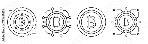 Set of four bitcoin cryptocurrency line art digital finance icons