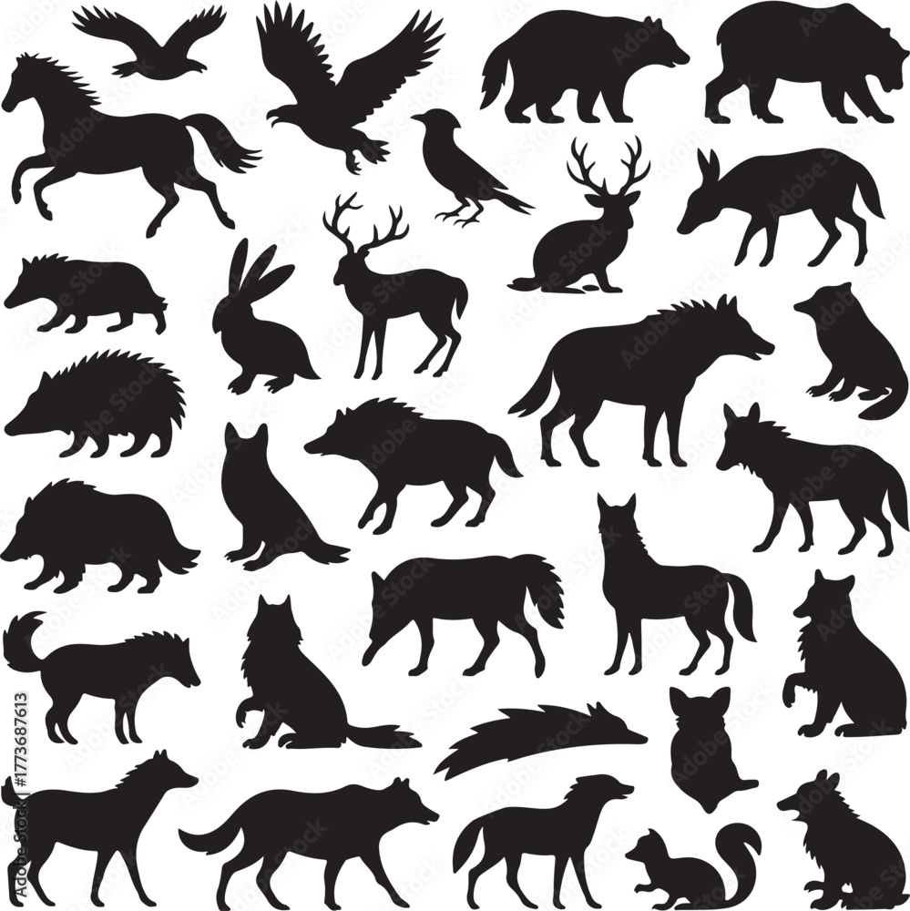Obraz premium Collection of black animal silhouettes on white background