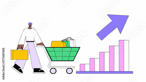 Illustrative depiction of a person with shopping bags and cart next to a rising bar graph and upward arrow symbolizing growth