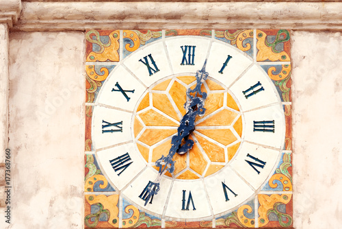 Konstfotografi Clock tower at the entrance of desert villa called Scotty's castle in Death Vall