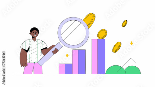 Man with magnifying glass analyzes growing bar chart with falling coins and sparkling stars