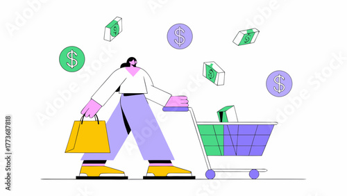 Person pushing a shopping cart with a shopping bag and falling money symbolizing consumerism and financial transactions