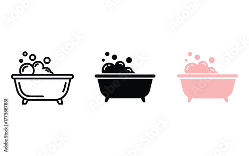 Three stylized bathtubs with bubbles icons showing different designs and color variations