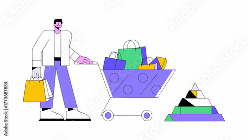 A stylized man with shopping bags and a full cart stands next to a colorful pyramid representing sales