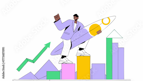 Man holding a rocket on a growth chart symbolizing business success and upward trajectory