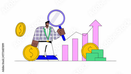 Man with magnifying glass analyzes financial growth chart with falling coins and upward trend arrow