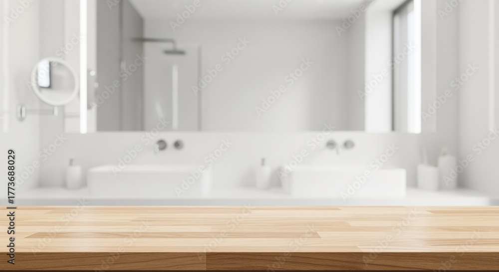 Fototapeta premium Wooden countertop with blurred bathroom interior background. Mockup for advertising layout.