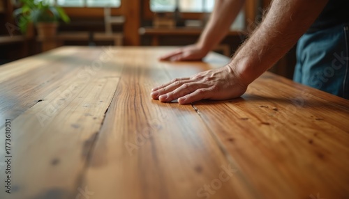 Carpenter runs hands over smooth wood grain surface of custom table. Artisan checks quality of handcrafted furniture in workshop. Skilled man inspects joinery and finish.