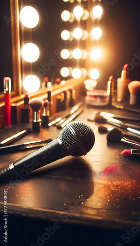 The handheld microphone resting against a lit dressing room mirror