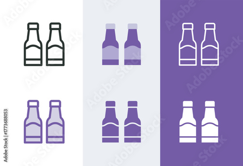 Beer bottles icon. Two glass bottles of beer symbol in 4 styles - solid, outline, flat, duotone.