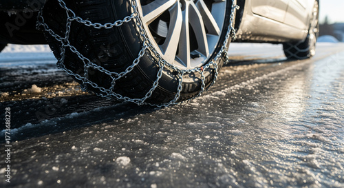 Close up of car wheel with snow chains standing on icy road with visible tire trail.