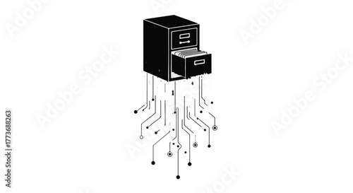 Digital filing cabinet with integrated circuitry, representing data management and organization.