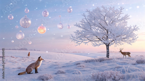 Magical winter scene with fox deer and floating lanterns