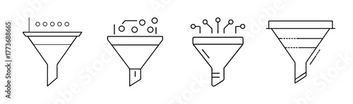 Funnel icon set for data filtering process and technology analysis