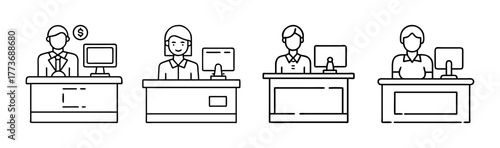 Bank teller customer service representative vector line icons set