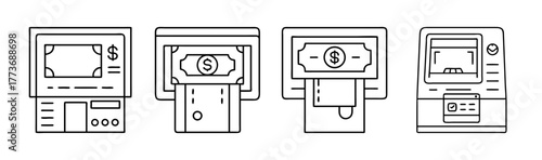 Automated teller machine and cash transaction vector icons set