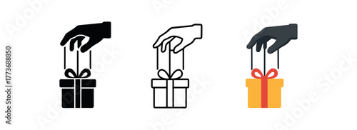 manipulative gifts control icon on white background Black silhouette flat icon outline icon and colored icon style three minimal vector icon style