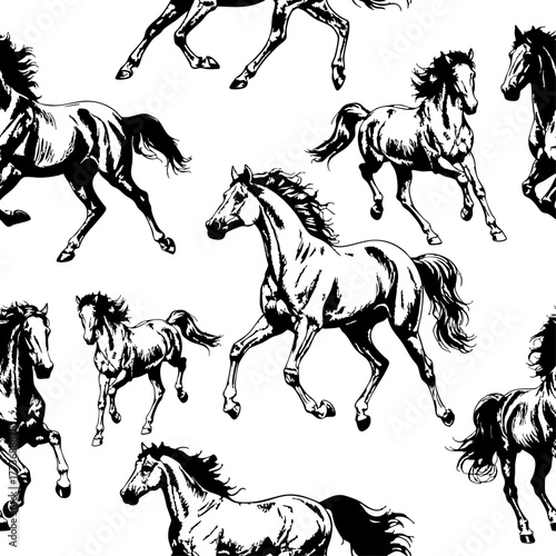 Seamless pattern of dynamic running horses in bold black and white silhouette style. Ideal for equestrian-themed designs, apparel prints, packaging, decor, or motion-inspired backgrounds.
