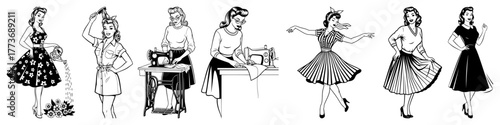 Vector retro women hobbies set — vintage ladies sewing, dancing and crafting outline illustration