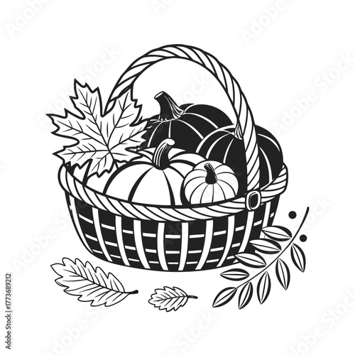 Harvest bounty basket filled with pumpkins and autumn leaves festive autumnal scene isolated on transparent background