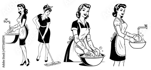 Vector retro housewife chores set — vintage women washing dishes, mopping floor, cleaning sink line art illustration