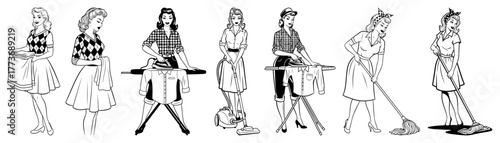 Vector retro women house chores set — vintage ladies doing cleaning tasks holding tools outline illustration