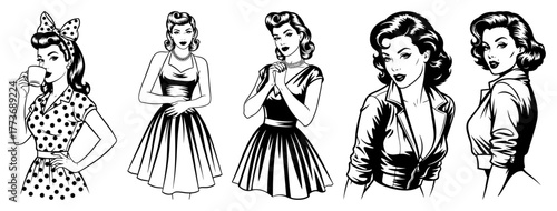 Vector retro pin-up women coffee break — stylish vintage girls sipping hot coffee in polka-dot dresses line art illustration