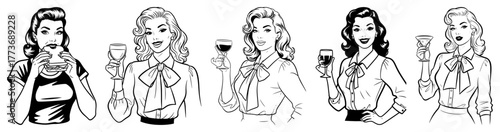Vector retro women cheers set — vintage ladies holding wine glasses outline illustration