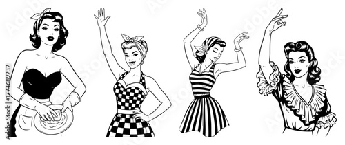 Vector retro housewife mixing batter — vintage woman whisking dough in apron line art illustration