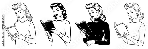 Vector retro women reading books — stylish vintage girls enjoying literature line art illustration