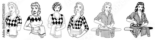 Vector retro women baking set — vintage ladies with rolling pin and dough outline illustration