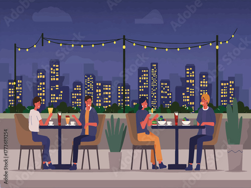 Outdoor Rooftop Dining People Enjoying a Meal with City Skyline View at Night