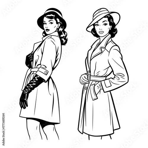 Vector retro women trench coats — elegant vintage ladies wearing belted overcoats and hats outline illustration