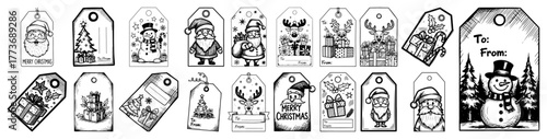 Vector Christmas gift tag collection — festive printable holiday labels with snowman, tree, reindeer outline illustration