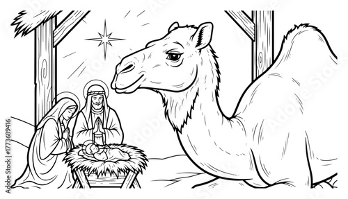 Vector nativity scene with camel — Mary, Joseph and infant Jesus in stable under star, holy family Christmas manger composition line art illustration