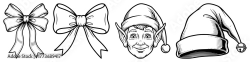 Vector Christmas elements set — bows, elf face and Santa hat outline illustration
