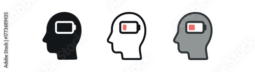 emotional exhaustion battery low icon on white background Black silhouette flat icon outline icon and colored icon style three minimal vector icon style