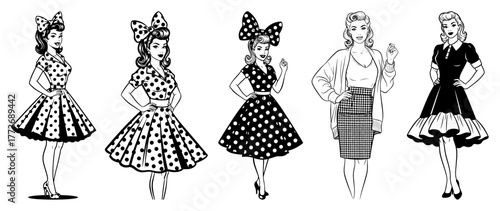 Vector retro pin-up dresses set — vintage women in polka dot and classic outfits outline illustration
