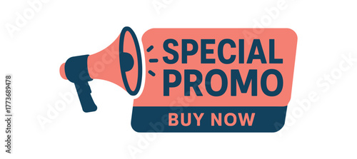 Special promo buy now banner with megaphone. Urgent sale announcement, promotion label. Flat vector illustration.