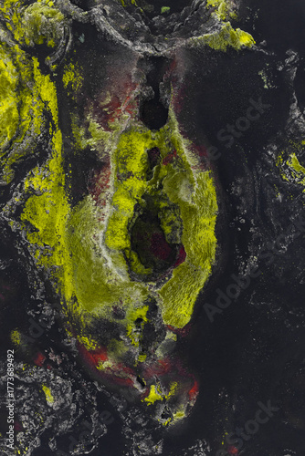 Aerial view of a geothermal area with vibrant yellow moss contrasting against the dark volcanic rock, Highlands Of Iceland, Sveitarfélagio Hornafjorour, Iceland.