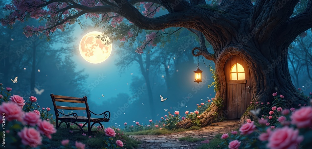 Naklejka premium Fantasy world scene shows fairy house in tree at night. Bench sits amid blooming roses. Lantern lights door to enchanting home under moonlight with floating butterflies in fabulous enchanted forest.