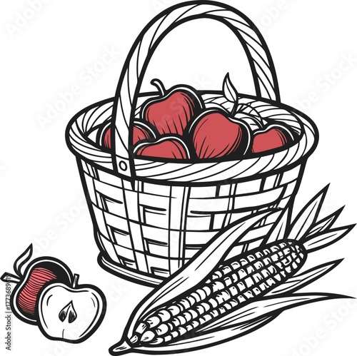 Hand drawn style basket of fresh apples and corn harvested produce isolated on transparent background