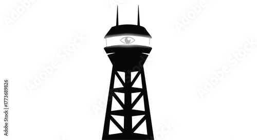 Sleek, modern communication tower with glowing eye motif against a white background