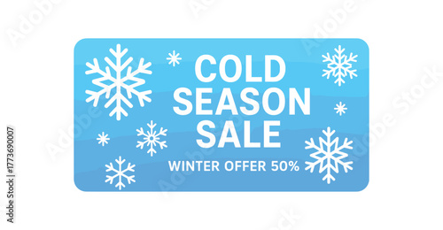 Cold season sale winter offer 50 percent off banner with snowflakes. Seasonal discount, blue design. Flat vector illustration.