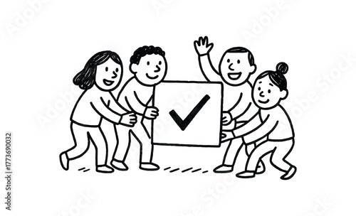 handdrawn cute doodle style mutual task group vector line illustration