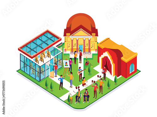 Isometric Illustration of a Vibrant Cultural District with Museums, Art Galleries, and People Enjoying Arts Activities and Community Events