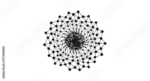 Intricate geometric pattern with connected nodes forming a swirling mandala shape on white background