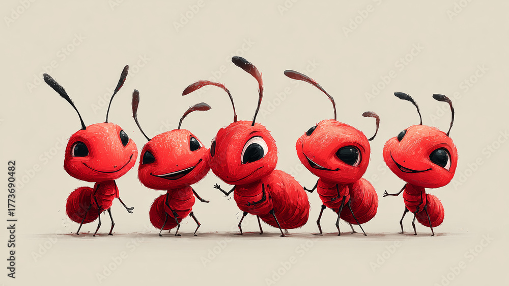 Fototapeta premium Cute little red ants having fun together in a joyful gathering